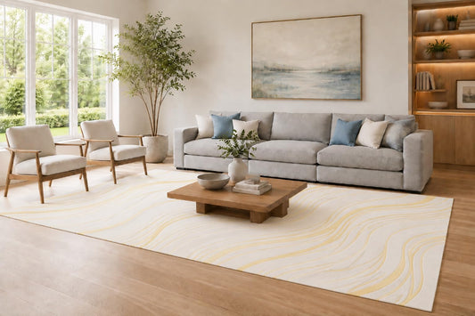 ICE ARMOR Large 6'7" x 9'10" Ivory and Yellow Minimalist Line Waves Area Rug for Living Room, Soft Low Pile Carpet with Non-Slip Silicone Backing, Decor for Bedroom and Home Office