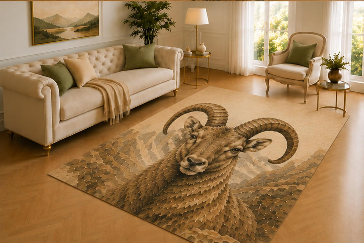 ICE ARMOR 5' x 7' Mouflon Ram Rug, Curved Horn Mountain Animal with Rocky Peak Scenery, Smooth Printed Floor Cover for Living Room, Study, Cabin and Lodge Decor
