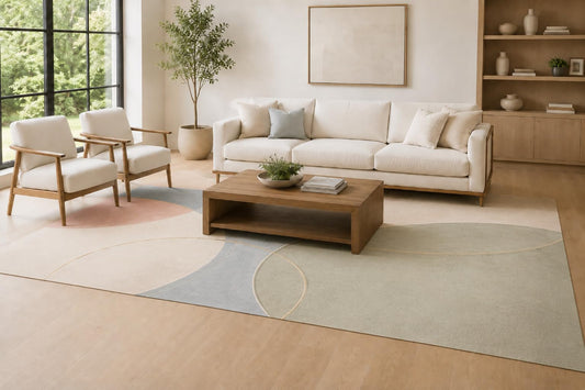 ICE ARMOR Large 6'7" x 9'10" Beige and Charcoal Orbit Curve Area Rug for Living Room, Soft Low Pile Carpet with Non-Slip Silicone Backing, Decor for Bedroom, Dining Area and Home Office