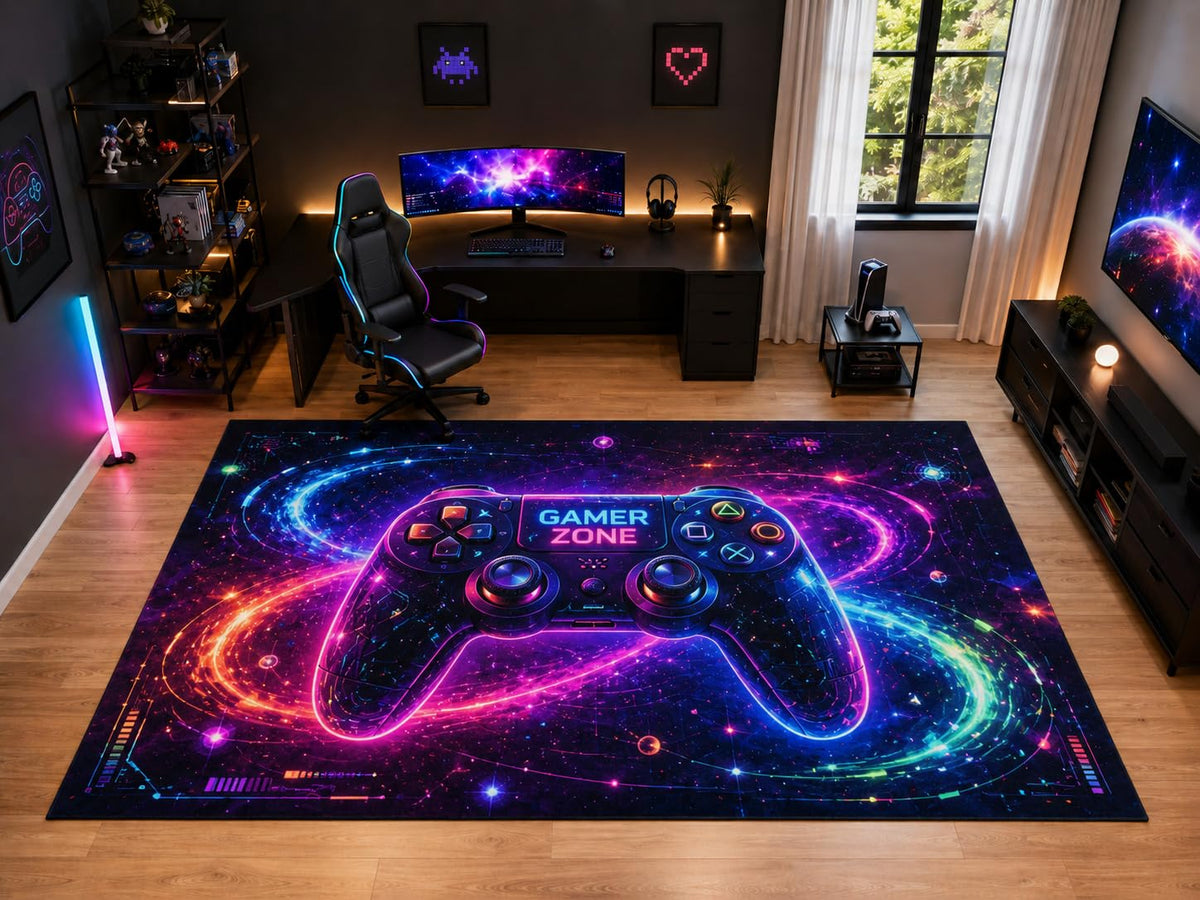 ICE ARMOR "Ultra Light Weight Large 6'7" x 9'10" Gamer Zone Galaxy Controller Area Rug for Kids Room, Soft Low Pile Indoor Rug and Non-Slip Silicone Backing, Purple