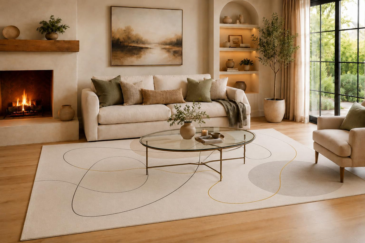 ICE ARMOR Large 6'7" x 9'10" Ivory and Beige Freeform Loop Lines Area Rug for Living Room, Soft Low Pile Carpet with Non-Slip Backing for Bedroom, Dining Room and Office