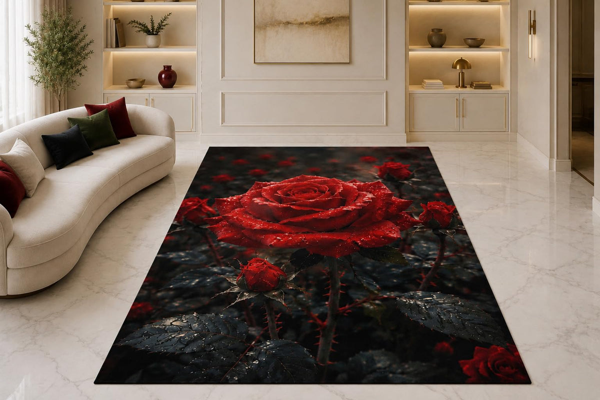 ICE ARMOR "Ultra Thin 5' x 7" Rainy Red Rose Area Rug for Living Room, Bedroom and Home Office, Soft Low Pile Carpet with Non-Slip Silicone Backing, Red and Black