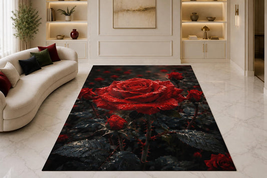 ICE ARMOR "Ultra Thin 5' x 7" Rainy Red Rose Area Rug for Living Room, Bedroom and Home Office, Soft Low Pile Carpet with Non-Slip Silicone Backing, Red and Black