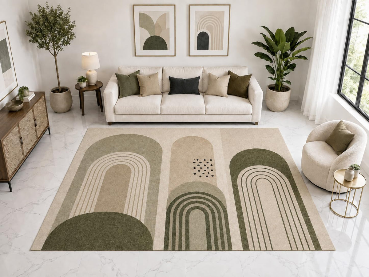 ICE ARMOR Large 6'7" x 9'10" Boho Rainbow Geometric Area Rug, Soft Low Pile Indoor Rug and Non-Slip Silicone Backing for Living Room Nursery, Beige Gray