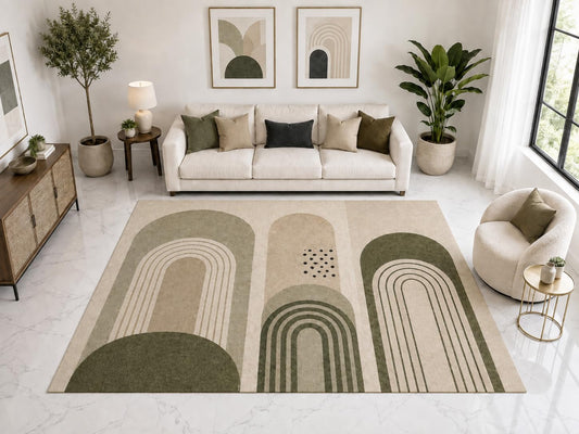 ICE ARMOR Large 6'7" x 9'10" Boho Rainbow Geometric Area Rug, Soft Low Pile Indoor Rug and Non-Slip Silicone Backing for Living Room Nursery, Beige Gray