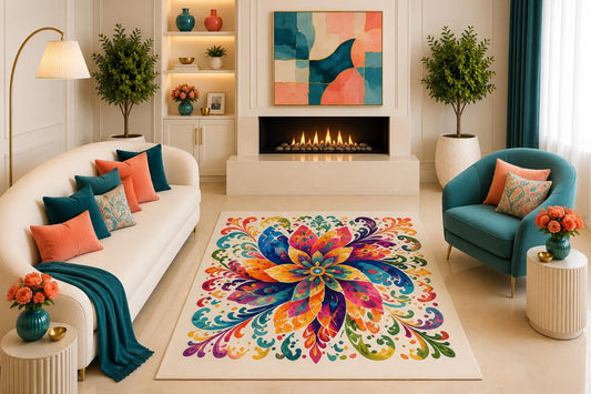 ICE ARMOR "Ultra Light Weight 5' x 7' Colorful Boho Floral Mandala Area Rug Vibrant Teal Orange Living Room Bedroom Decor Non-Slip Silicone Backing Low Pile
