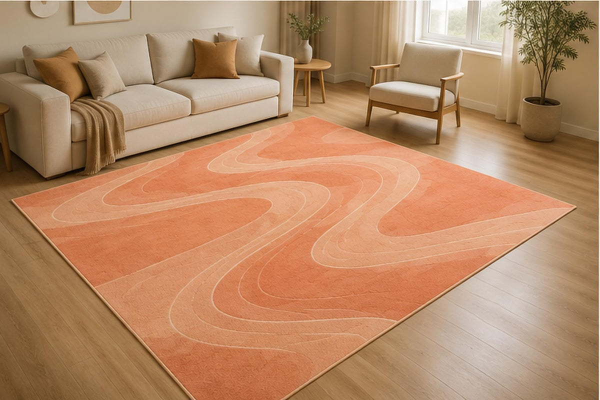 ICE ARMOR 5' x 7' Modern Flowing Wave Area Rug for Living Room, Soft Low Pile Indoor Rug with Non-Slip Silicone Backing, Abstract Carpet for Bedroom, Dining Room, Office, Coral Peach