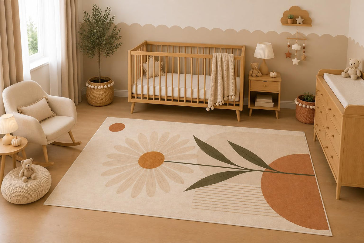 ICE ARMOR 5' x 7' Minimalist Daisy Floral Area Rug, Boho Botanical Neutral Living Room Bedroom Nursery Decor, Non-Slip Silicone Backing Low Pile Carpet