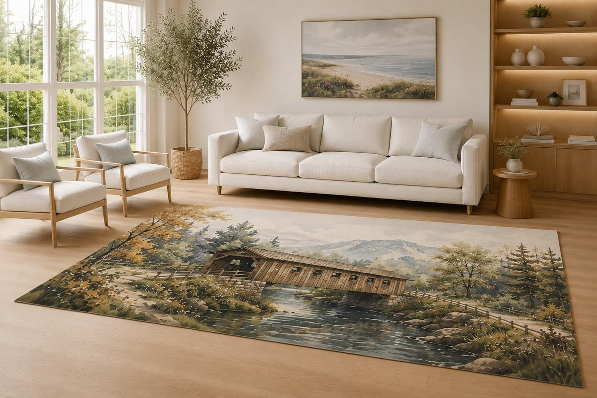 ICE ARMOR Large 6'7" x 9'10" Brown and Sage Covered Bridge Area Rug for Living Room, Soft Low Pile Carpet with Non-Slip Silicone Backing, Decor for Bedroom and Home Office