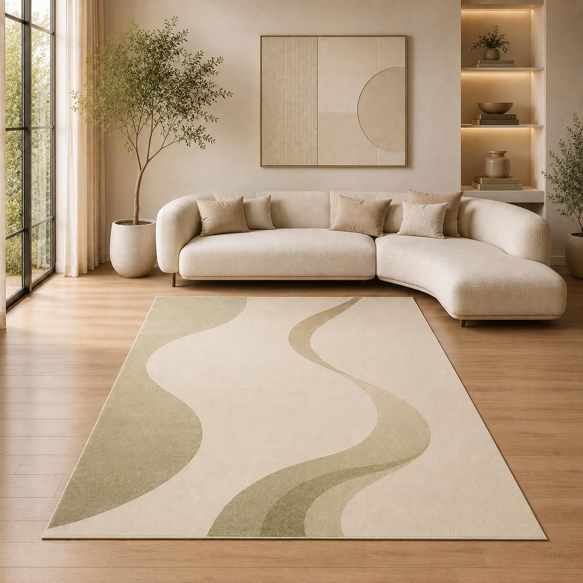 ICE ARMOR 5' x 7' Modern Wavy Line Area Rug for Living Room, Soft Low Pile Indoor Rug with Non-Slip Silicone Backing, Decorative Carpet for Bedroom, Office, Family Room, Sage Green