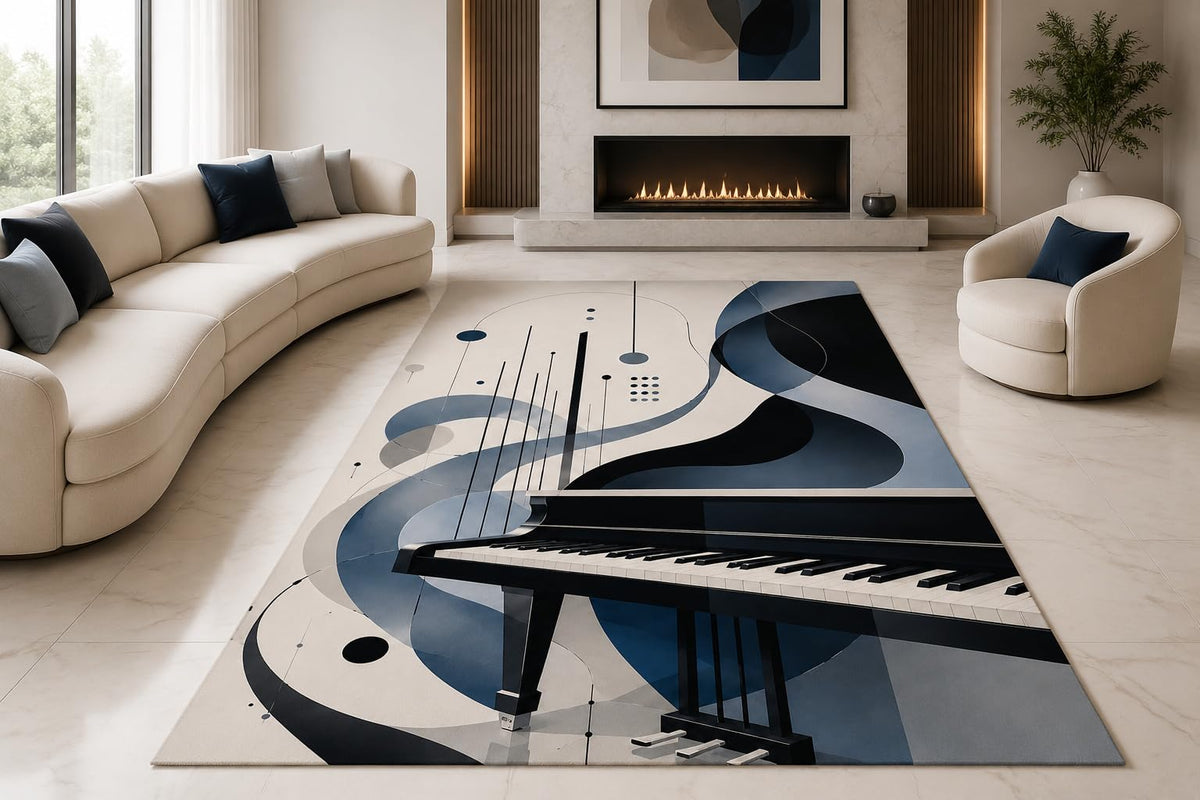 ICE ARMOR "Ultra Lightweight Large 6'7" x 9'10" Modern Grand Piano Area Rug for Living Room, Bedroom and Home Office, Soft Low Pile Carpet with Non-Slip Silicone Backing, Black and Gray