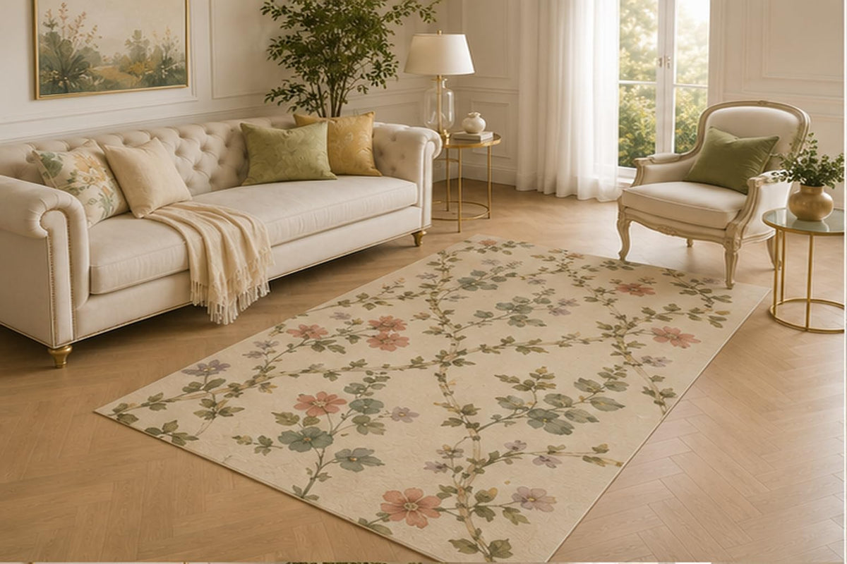 ICE ARMOR 5' x 7' Delicate Vine Flower Carpet, Smooth Low Profile Indoor Rug with Anti-Skid Silicone Base for Entryway, Study, Guest Room, Office, Kids and Pets