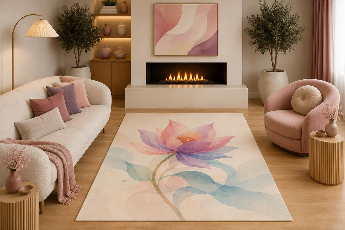 ICE ARMOR 5' x 7' Watercolor Lotus Flower Area Rug Pastel Pink Purple Blue Botanical Floral Design for Living Room Bedroom Meditation Room Non-Slip Silicone Backing Low Pile