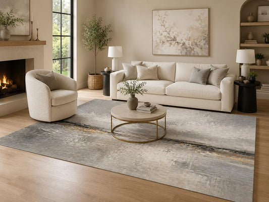 ICE ARMOR 6'7" x 9'10" Silver Horizon Strokes Area Rug for Living Room, Soft Low Pile Indoor Rug with Non-Slip Silicone Backing, Stylish Floor Decor for Bedroom, Dining Room and Home Office, Gray