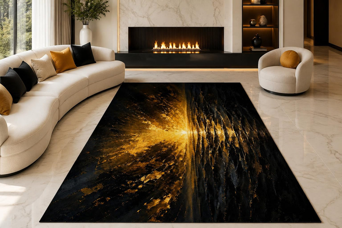 ICE ARMOR "Ultra Lightweight Large 6'7" x 9'10" Radiant Path Area Rug for Living Room, Bedroom and Home Office, Soft Low Pile Carpet with Non-Slip Silicone Backing, Black and Golden Color