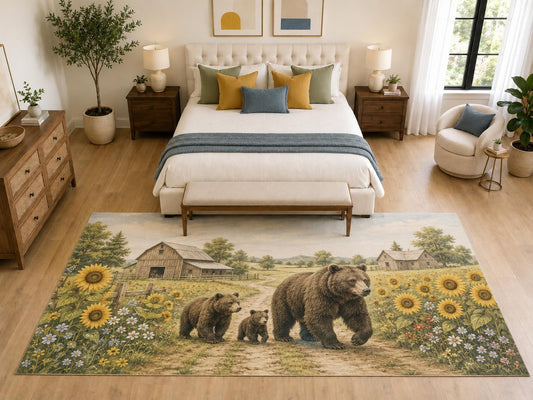 ICE ARMOR "Ultra Light Weight Large 6'7" x 9'10" Bear Sunflower Farm Area Rug, Soft Low Pile Indoor Rug, Non-Slip Silicone Backing, Bedroom, Beige