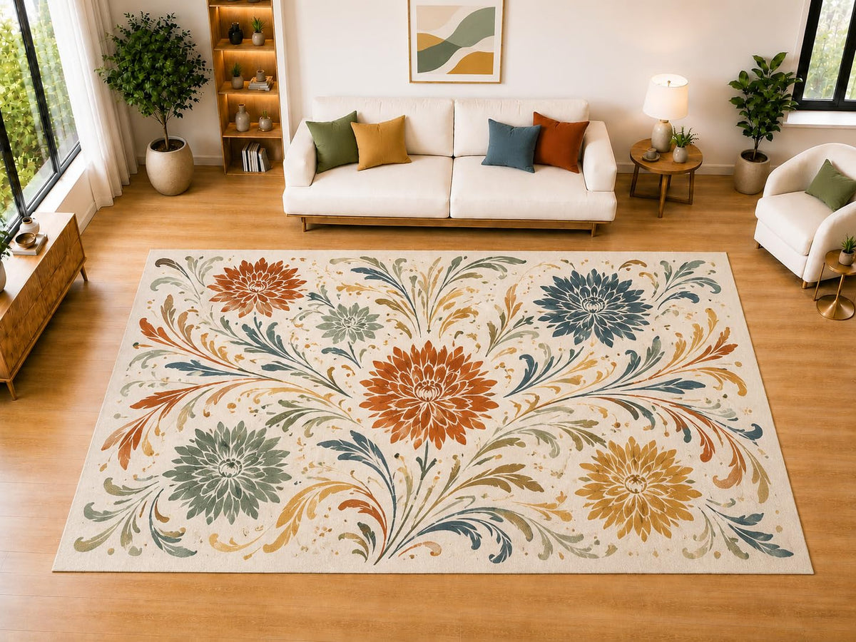 ICE ARMOR "Ultra Light Weight Large 6'7" x 9'10" Modern Chrysanthemum Vine Area Rug for Living Room, Bedroom, Dining Room, Soft Low Pile Non-Slip Backing, Rust Sage Blue