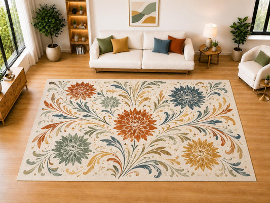 ICE ARMOR "Ultra Light Weight Large 6'7" x 9'10" Modern Chrysanthemum Vine Area Rug for Living Room, Bedroom, Dining Room, Soft Low Pile Non-Slip Backing, Rust Sage Blue