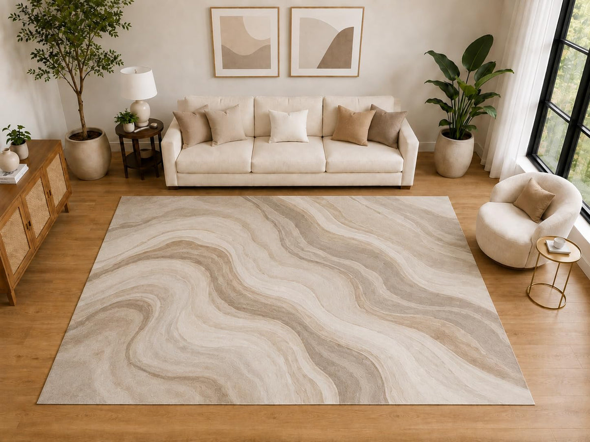 ICE ARMOR "Ultra Light Weight Large 6'7" x 9'10" Neutral Marble Swirl Area Rug, Soft Low Pile Indoor Rug and Non-Slip Silicone Backing for Living Room Bedroom, Beige