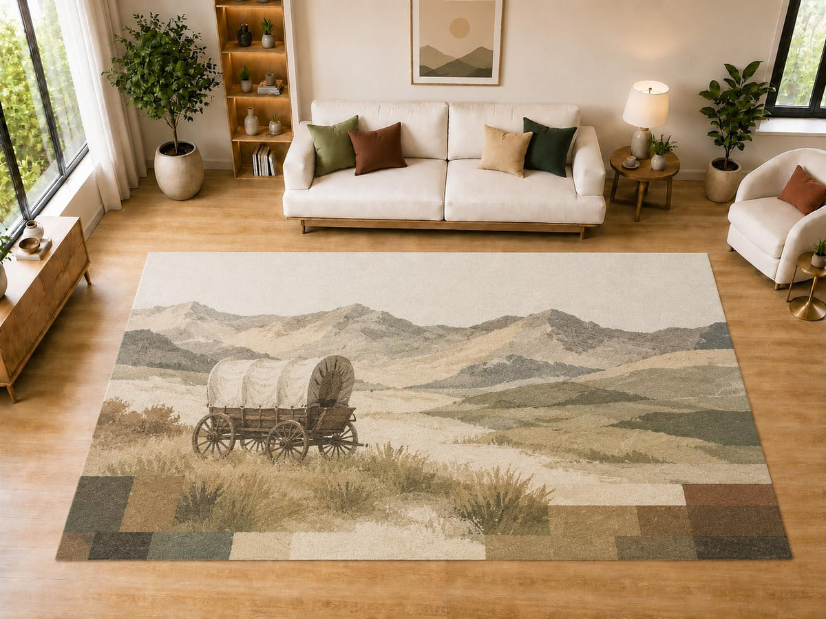 ICE ARMOR "Ultra Light Weight Large 6'7" x 9'10" Covered Wagon Mountain Prairie Area Rug for Living Room, Bedroom, Dining Room, Soft Low Pile Non-Slip Backing, Taupe Olive