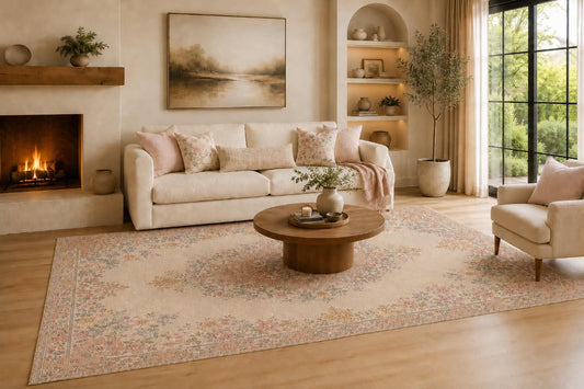 ICE ARMOR Large 6'7" x 9'10" Blush and Cream Vintage Floral Border Area Rug for Living Room, Soft Low Pile Carpet with Non-Slip Silicone Backing, Decor for Bedroom and Home Office