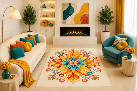 ICE ARMOR "Ultra Light Weight 5' x 7' Orange Teal Boho Floral Mandala Area Rug Vibrant Botanical Medallion Living Room Bedroom Decor Non-Slip Silicone Backing Low Pile
