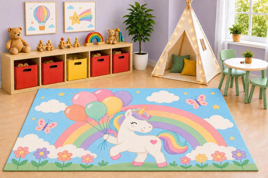 ICE ARMOR 5' x 7' Unicorn Rainbow Balloons Area Rug, Cute Pastel Sky Clouds Flowers Kids Playroom Nursery Bedroom Rug, Non-Slip Silicone Backing Low Pile