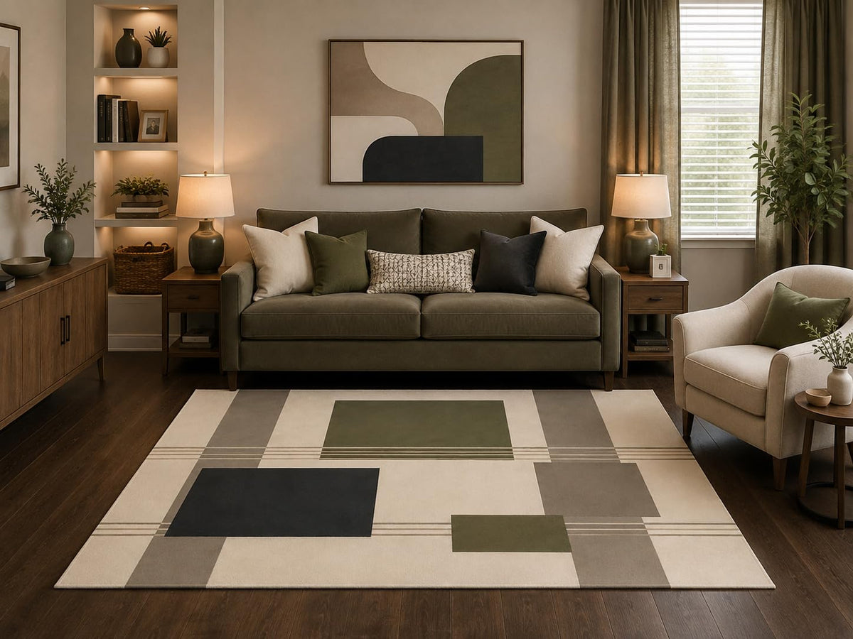 ICE ARMOR 5' x 7' Modern Abstract Geometric Area Rug Olive Green Beige Color Block Living Room Bedroom Office Carpet Non-Slip Silicone Backing Low Pile