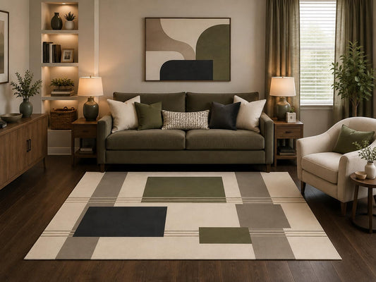 ICE ARMOR 5' x 7' Modern Abstract Geometric Area Rug Olive Green Beige Color Block Living Room Bedroom Office Carpet Non-Slip Silicone Backing Low Pile