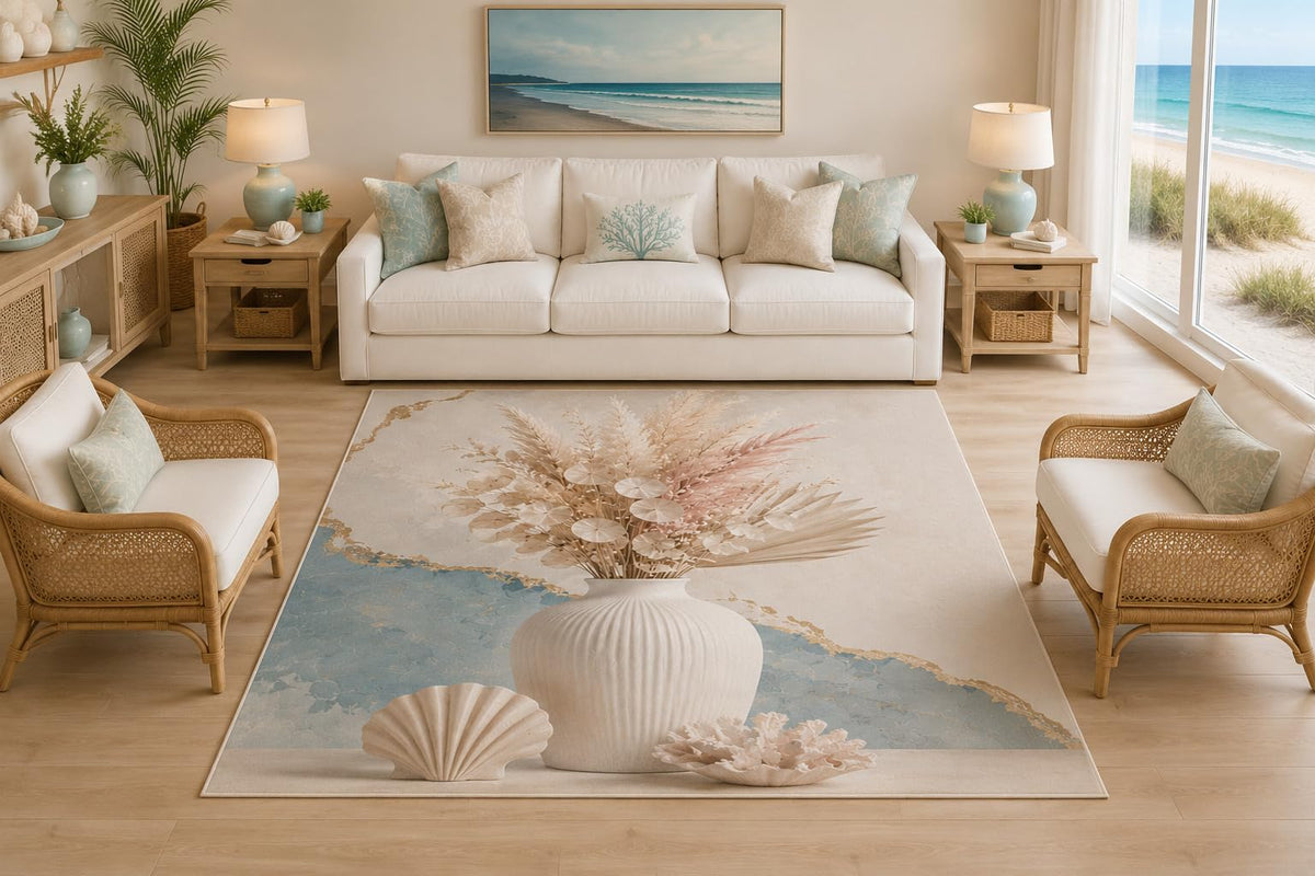 ICE ARMOR 5' x 7' Coastal Vase Area Rug, Beach Seashell Pampas Grass Ocean Inspired Living Room Bedroom Decor, Non-Slip Silicone Backing Low Pile Carpet