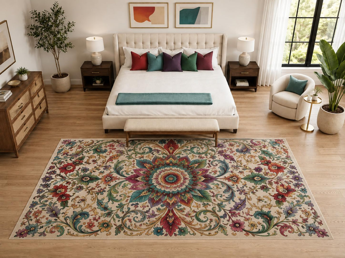 ICE ARMOR "Ultra Light Weight Large 6'7" x 9'10" Boho Paisley Floral Rug, Soft Low Pile Indoor Rug, Non-Slip Silicone Backing for Bedroom Beige