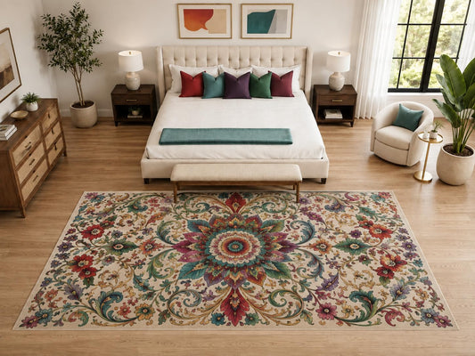 ICE ARMOR "Ultra Light Weight Large 6'7" x 9'10" Boho Paisley Floral Rug, Soft Low Pile Indoor Rug, Non-Slip Silicone Backing for Bedroom Beige