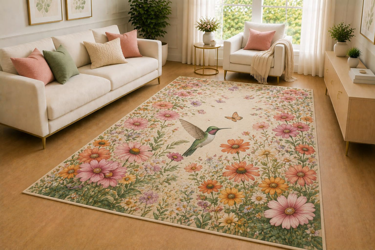 ICE ARMOR 5' x 7' Hummingbird Wildflower Area Rug for Living Room, Soft Low Pile Indoor Rug with Non-Slip Silicone Backing, Botanical Carpet for Bedroom, Dining Room, Office, Pink Orange Green