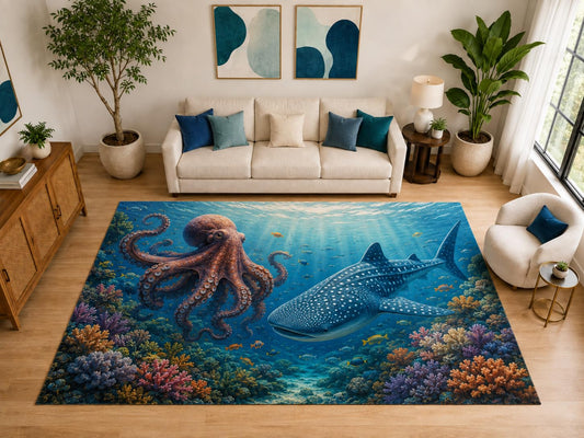 ICE ARMOR "Ultra Light Weight Large 6'7" x 9'10" Octopus Whale Shark Reef Rug for Bedroom, Soft Low Pile Indoor Rug and Non-Slip Silicone Backing, Blue