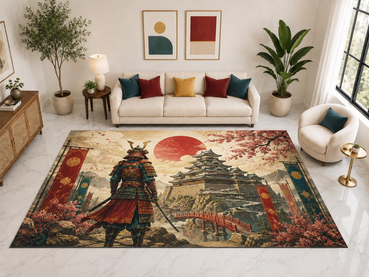 ICE ARMOR "Ultra Light Weight Large 6'7" x 9'10" Samurai Japanese Castle Rug, Soft Low Pile Indoor Rug, Non-Slip Silicone Backing for Office Beige