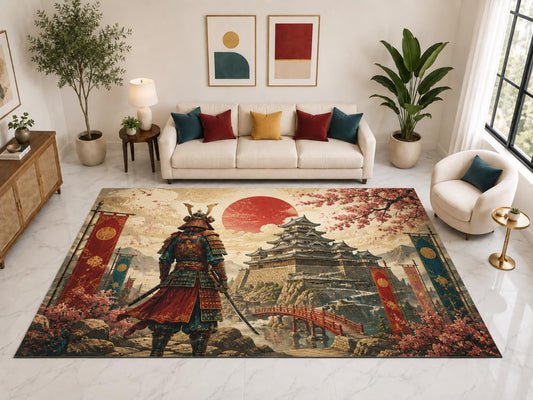 ICE ARMOR "Ultra Light Weight Large 6'7" x 9'10" Samurai Japanese Castle Rug, Soft Low Pile Indoor Rug, Non-Slip Silicone Backing for Office Beige