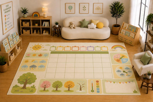 ICE ARMOR Large 6'7" x 9'10" Weather Seasons Calendar Learning Area Rug for for Kids Room, Classroom, Bedroom, Playroom Decor, Soft Low Pile Indoor Rug with Non-Slip Silicone Backing, Pastel Cream
