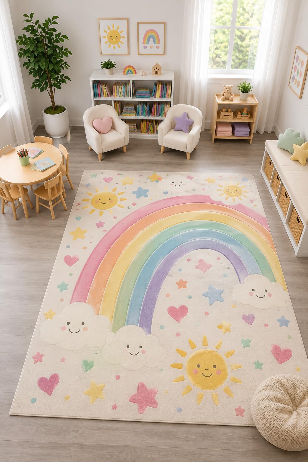 ICE ARMOR "Ultra Light Weight Large 6'7" x 9'10" Rainbow Clouds Sun Rug, Soft Low Pile Indoor Rug, Non-Slip Silicone Backing for Nursery Pastel