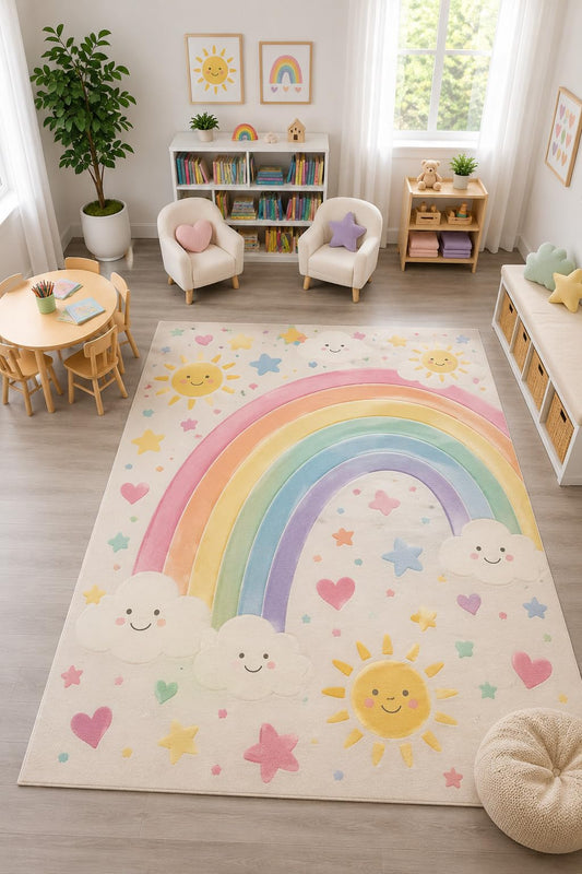 ICE ARMOR "Ultra Light Weight Large 6'7" x 9'10" Rainbow Clouds Sun Rug, Soft Low Pile Indoor Rug, Non-Slip Silicone Backing for Nursery Pastel