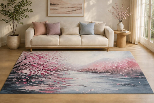 ICE ARMOR "Ultra Lightweight Large 6'7" x 9'10" Cherry Blossom River Area Rug for Living Room, Bedroom and Home Office, Soft Low Pile Carpet with Non-Slip Silicone Backing, Pink and Blue
