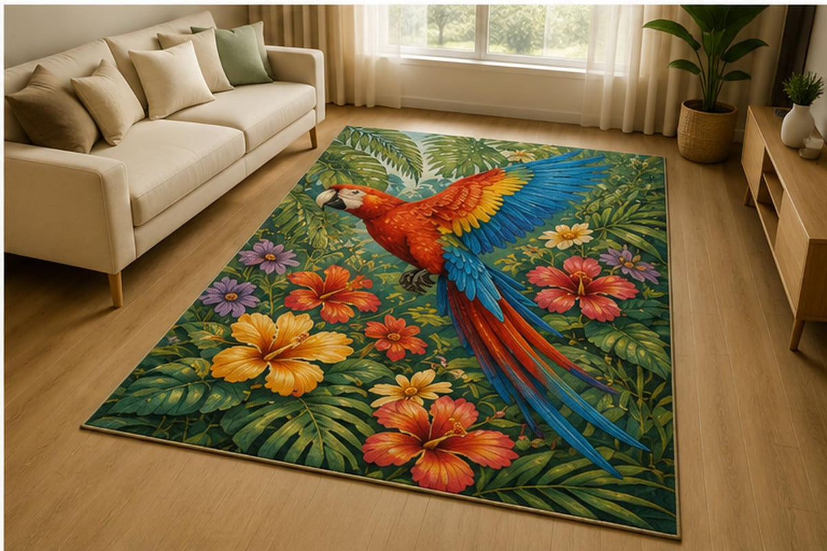 ICE ARMOR 5' x 7' Scarlet Macaw Tropical Hibiscus Area Rug for Living Room, Soft Low Pile Indoor Rug with Non-Slip Silicone Backing, Exotic Bird Decor for Bedroom, Office, Family Room