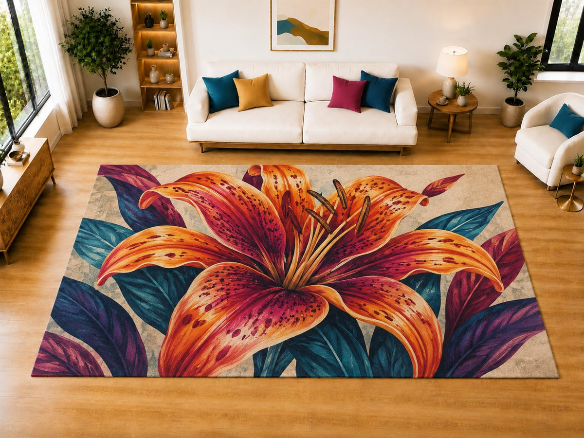 ICE ARMOR "Ultra Light Weight Large 6'7" x 9'10" Tiger Lily Area Rug for Living Room Bedroom Dining Room, Soft Low Pile Non-Slip Backing, Orange Burgundy Teal Purple Botanical Decor