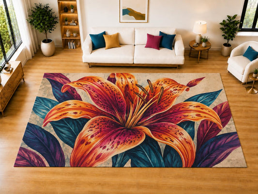 ICE ARMOR "Ultra Light Weight Large 6'7" x 9'10" Tiger Lily Area Rug for Living Room Bedroom Dining Room, Soft Low Pile Non-Slip Backing, Orange Burgundy Teal Purple Botanical Decor