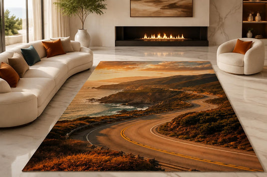ICE ARMOR "Ultra Lightweight Large 6'7" x 9'10" Winding Coast Road Area Rug for Living Room, Bedroom and Home Office, Soft Low Pile Carpet with Non-Slip Silicone Backing, Amber and Blue
