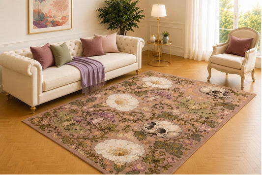 ICE ARMOR 5' x 7' Gothic Skull Garden Rug, Ivory Blooms, Moths and Mushrooms on Dusty Rose, Vintage Halloween Floor Decor for Bedroom, Lounge or Reading Nook
