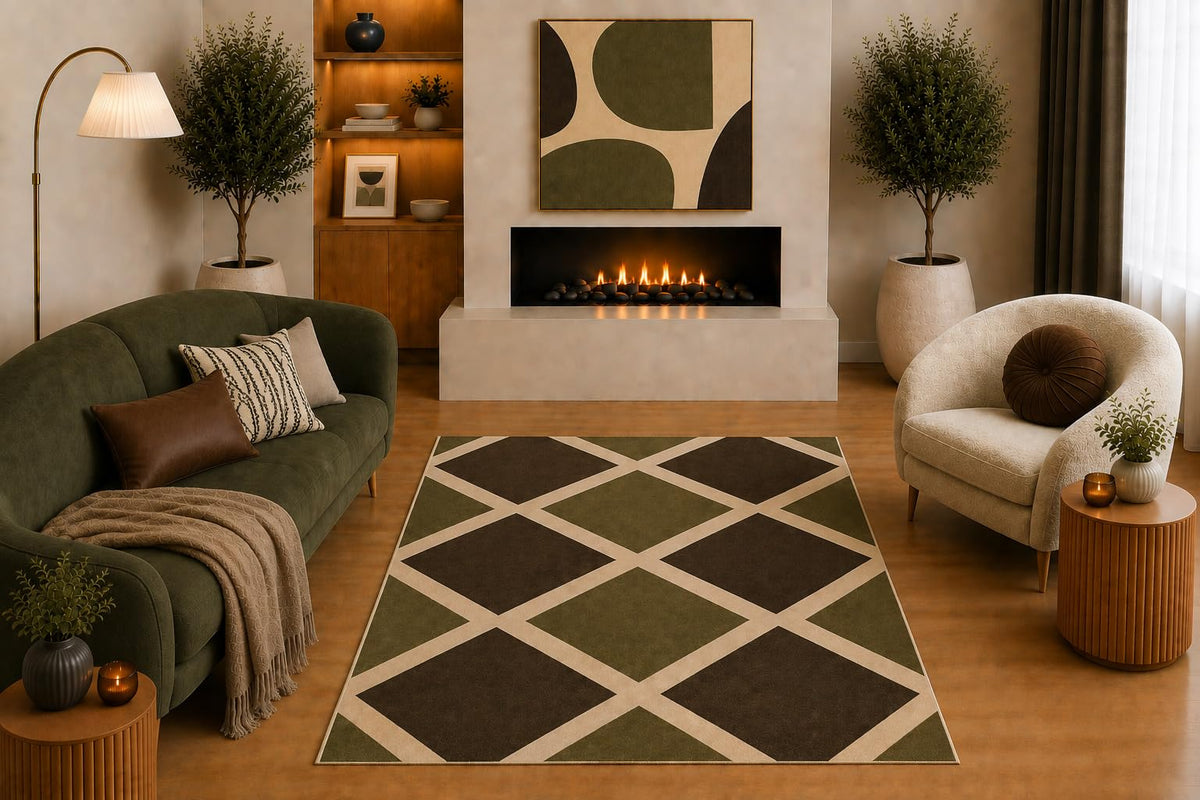 ICE ARMOR "Ultra Light Weight 5' x 7' Modern Geometric Area Rug Olive Green Brown Beige Diamond Trellis Pattern for Living Room Bedroom Dining Room Office Non-Slip Silicone Backing Low Pile