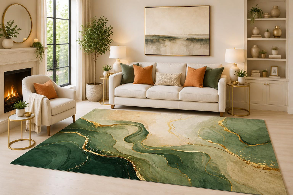 ICE ARMOR 6'7" x 9'10" Emerald Marble Flow Area Rug for Living Room, Soft Low Pile Indoor Rug with Non-Slip Silicone Backing, Decorative Carpet for Bedroom, Dining Room and Office, Green