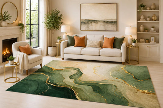 ICE ARMOR 6'7" x 9'10" Emerald Marble Flow Area Rug for Living Room, Soft Low Pile Indoor Rug with Non-Slip Silicone Backing, Decorative Carpet for Bedroom, Dining Room and Office, Green