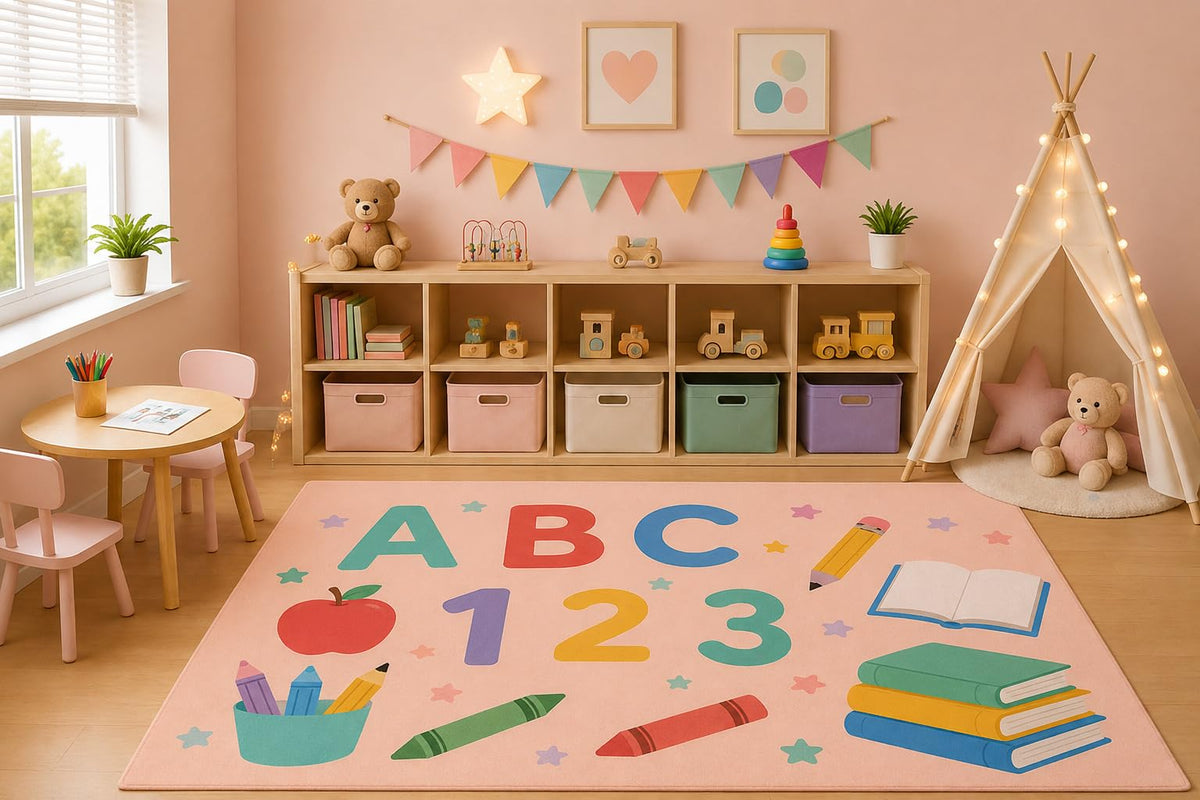 ICE ARMOR 5' x 7' ABC Alphabet Numbers Area Rug for Kids Playroom Nursery Bedroom, Educational Learning Letters Books Cartoon Carpet, Non-Slip Silicone Backing Low Pile