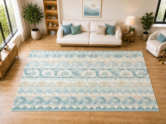 ICE ARMOR "Ultra Light Weight Large 6'7" x 9'10" Coastal Nautilus Shell Stripe Area Rug for Living Room, Bedroom, Dining Room, Soft Low Pile Non-Slip Backing, Aqua Ivory